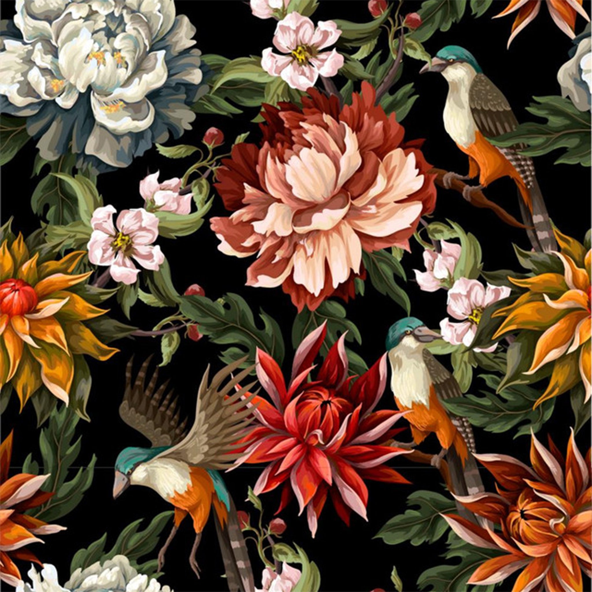 Close-up of a rice paper featuring a black background with red, yellow, and cream flowers and birds.