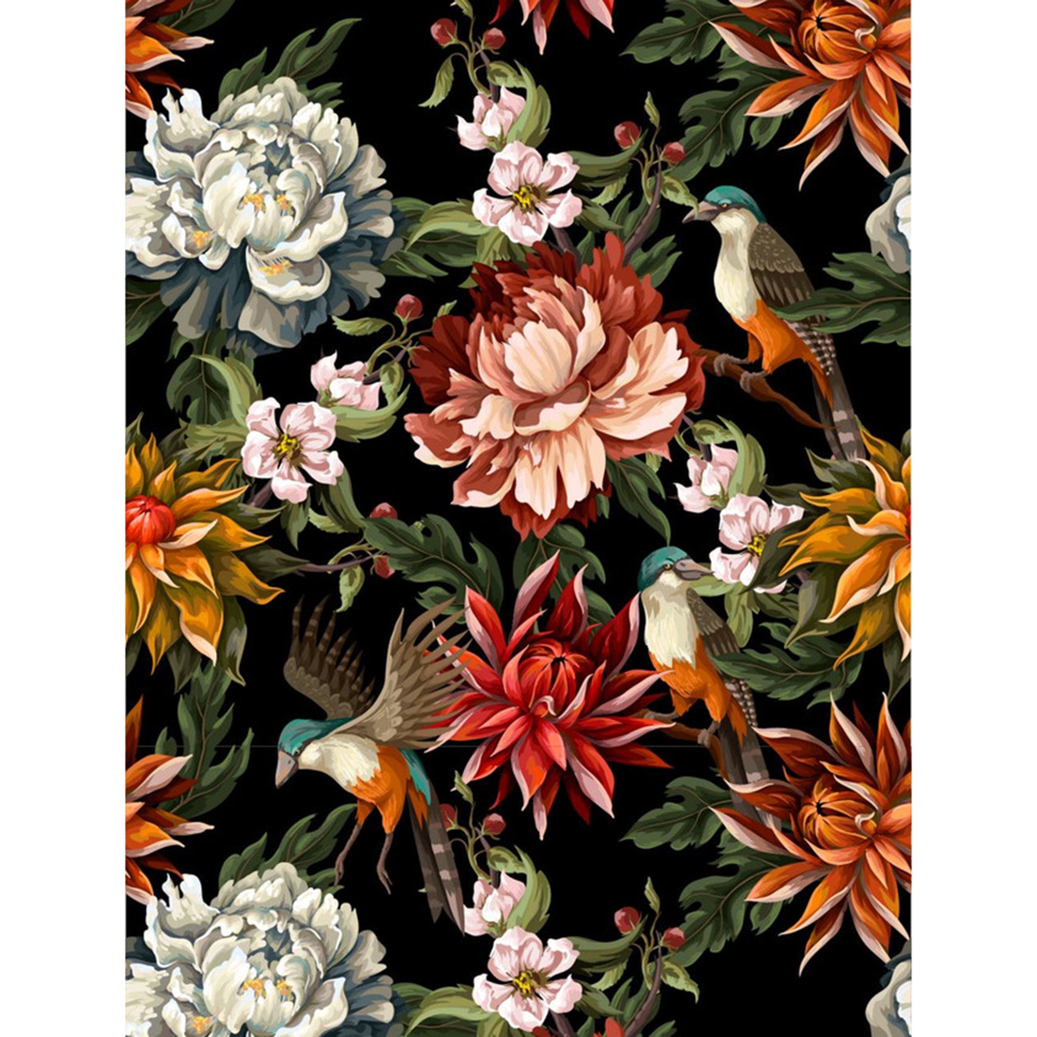 Rice paper featuring a black background with red, yellow, and cream flowers and birds. White borders are on the sides.