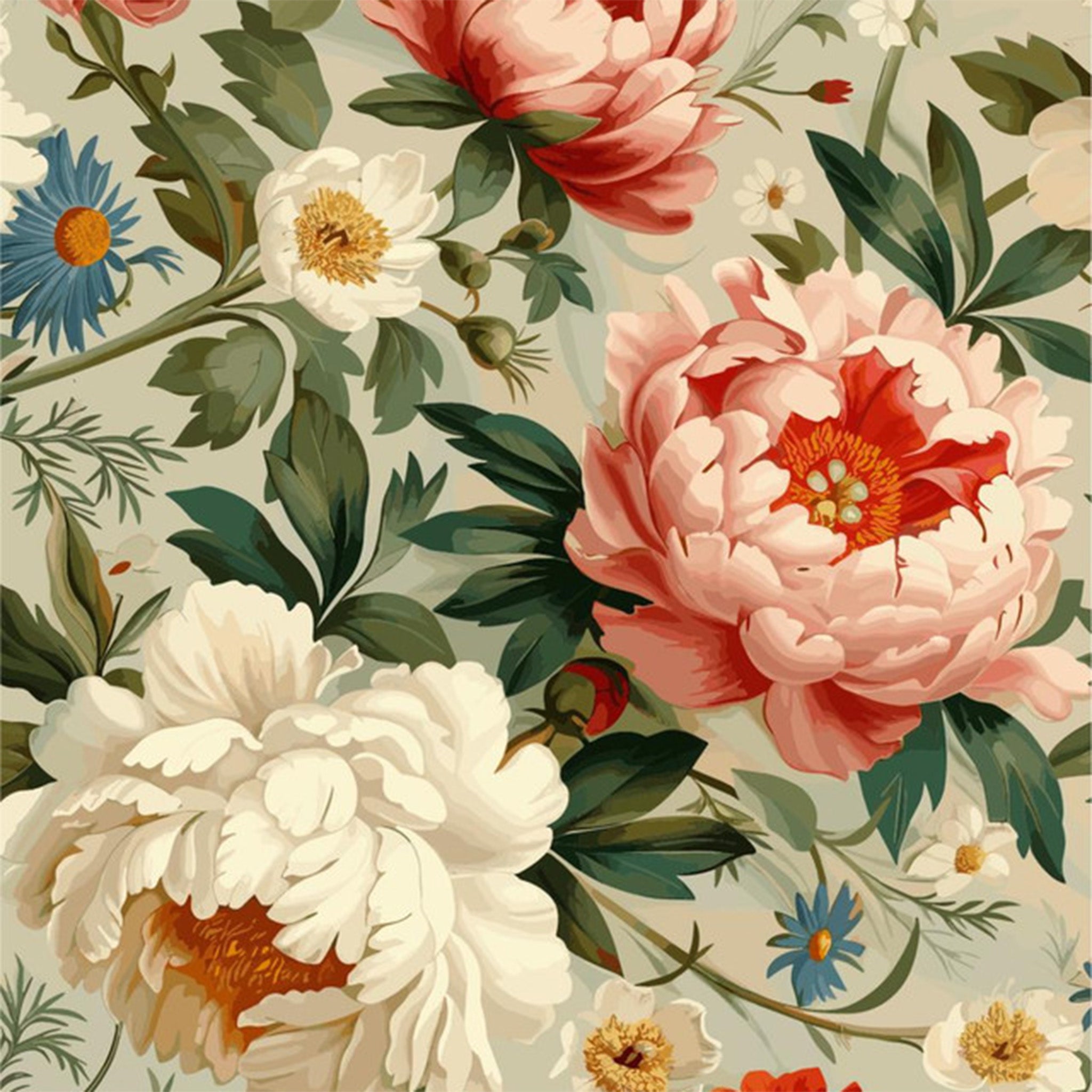 Close-up of a rice paper featuring pink, blue, and cream flowers bursting open on a soft green-grey background.