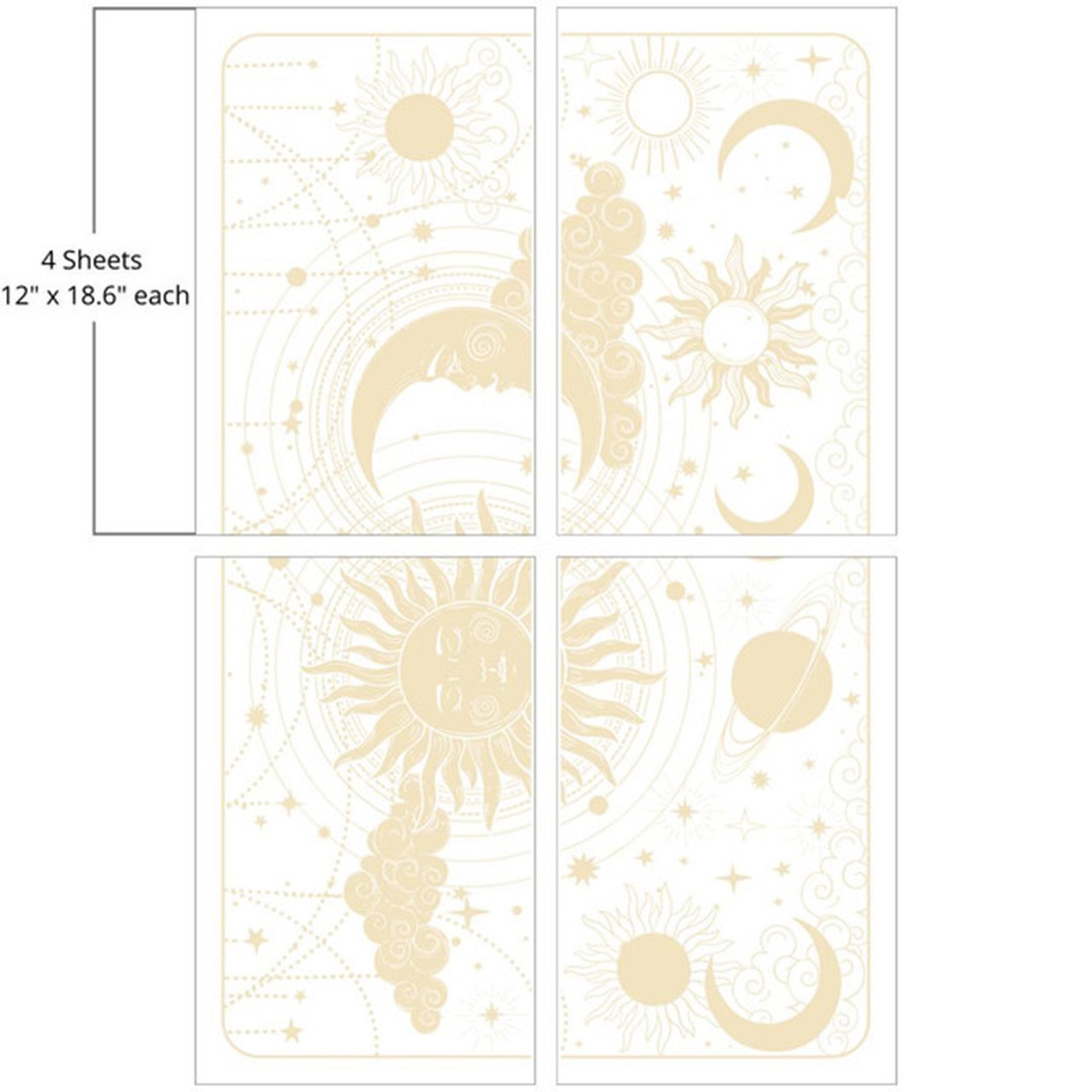 Four sheets of Belles & Whistles' Lani's Celestial Dream rub-on transfers are against a white background. Measurements for 1 sheet reads: 12" x 18.6" each.