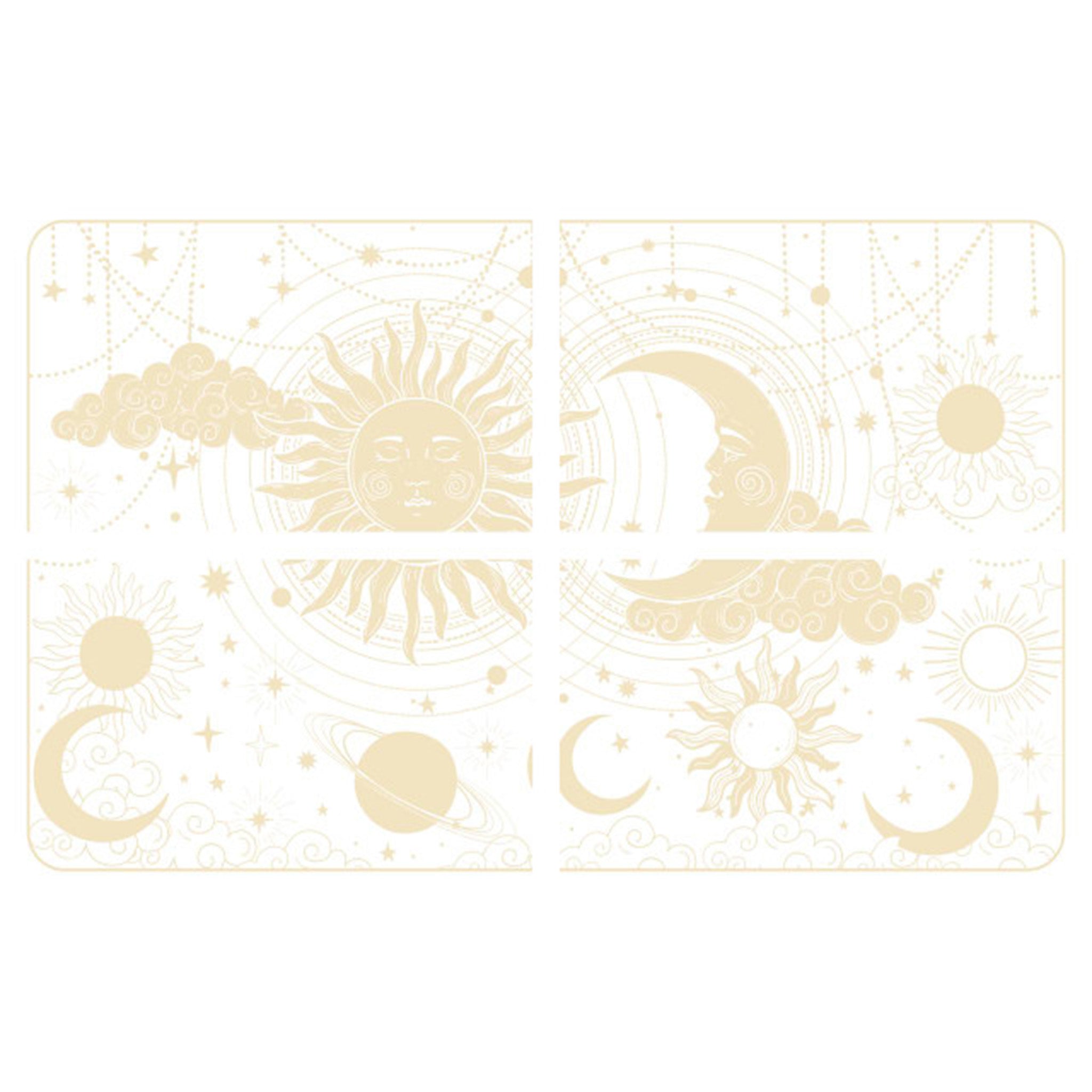 Four sheets of rub-on transfers against a white background feature Bohemian style suns, moons, and other celestial objects and designs.