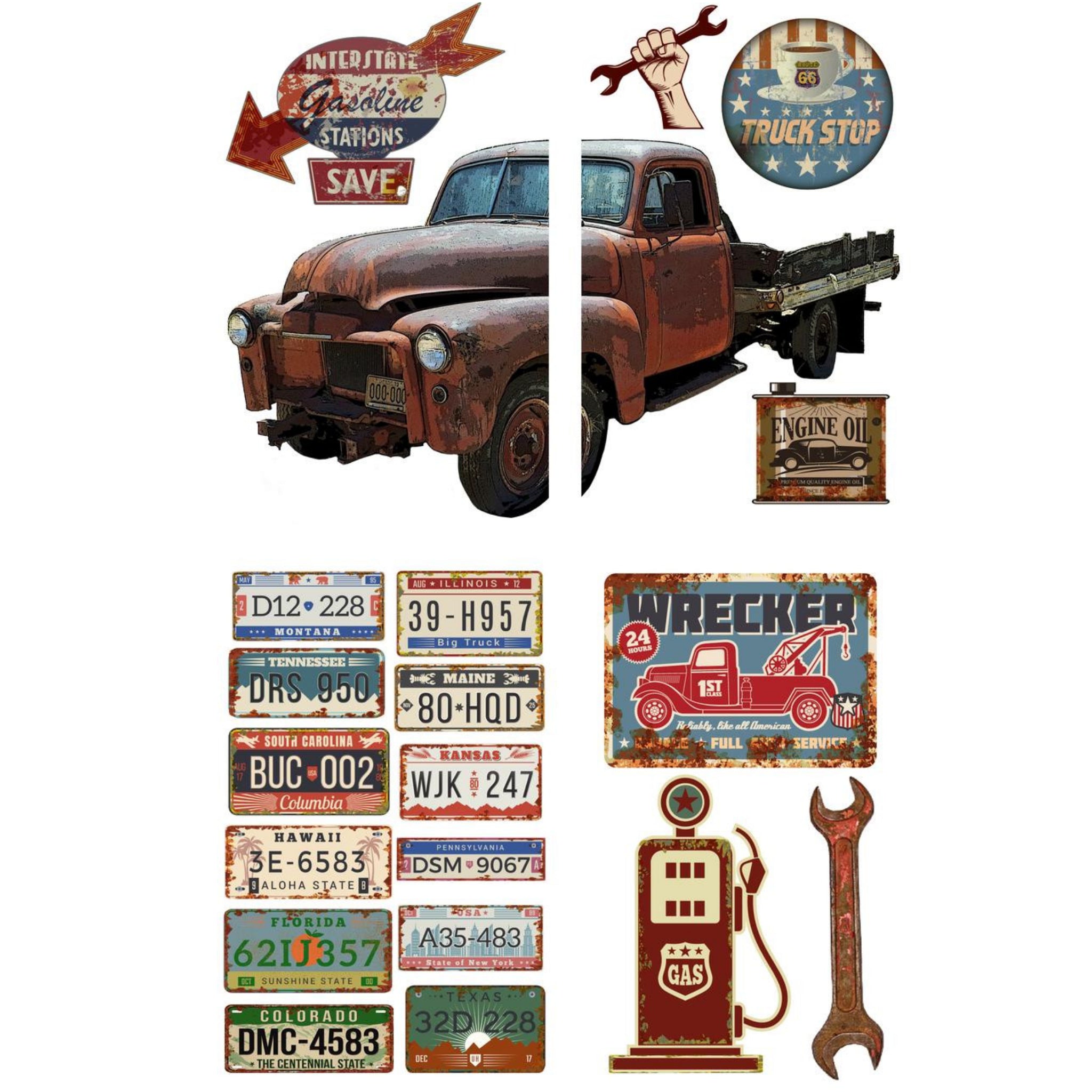 Four sheets of rub-on transfers against a white background feature a vintage farm truck and other vintage automotive memorabilia.