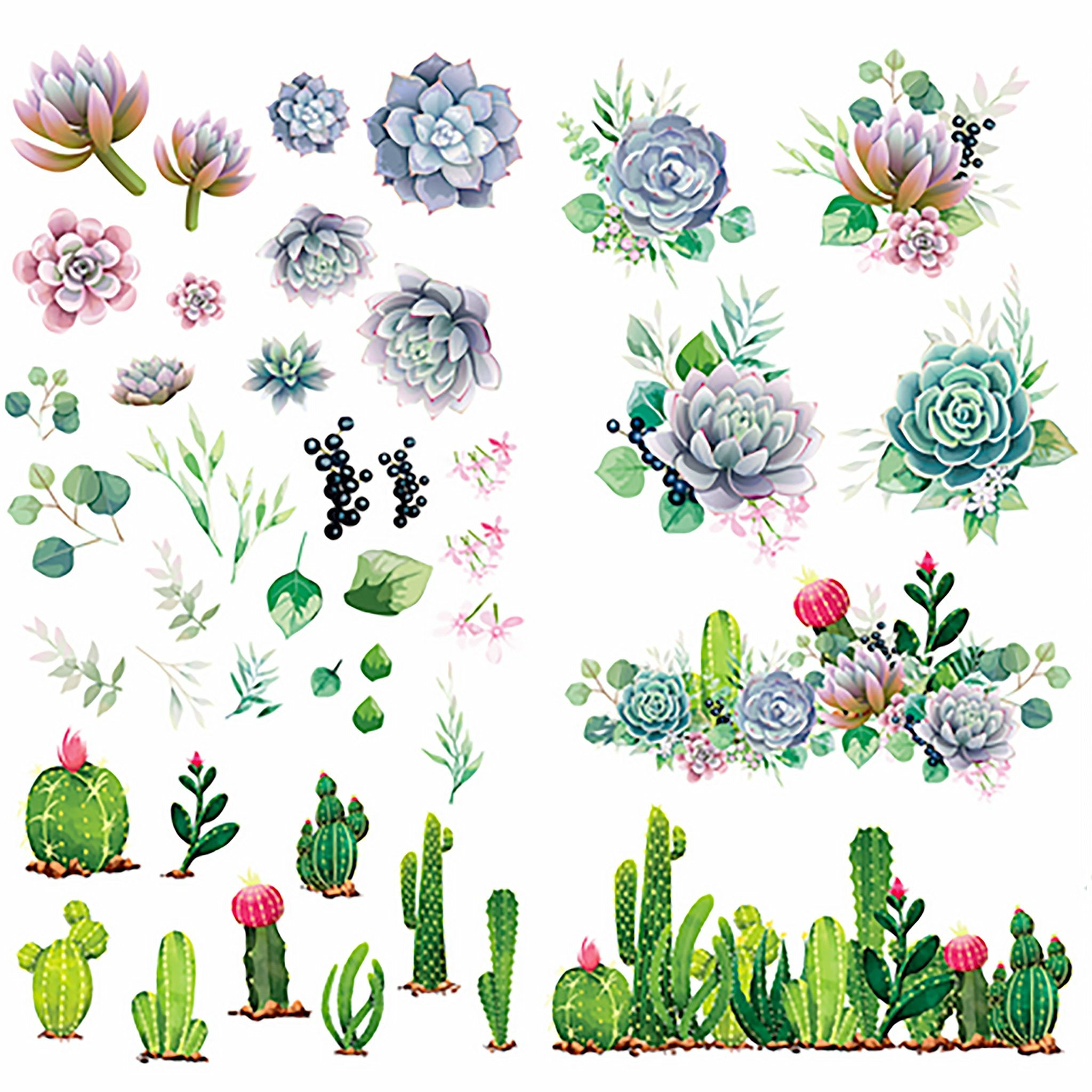 Close-up of a rub-on transfer design against a white background that features soft pink and purple flower succulents and green cactus.