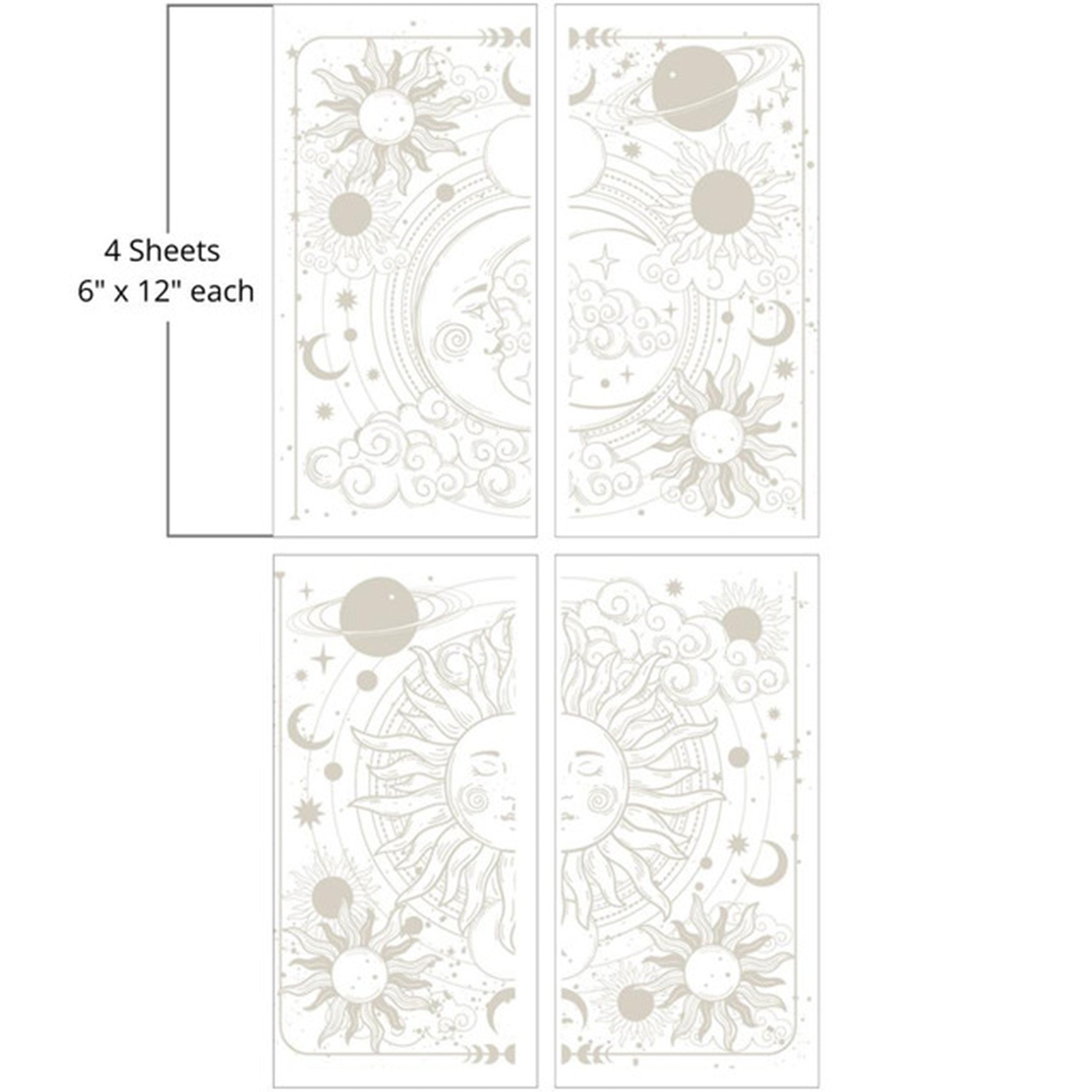 Four sheets of Belles & Whistles' Lunar Solstice small rub-on transfers are against a white background. Measurements for 1 sheet reads: 6" x 12" each.