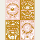 Decoupage paper features 4 designs in light pink and dark mustard feature positive energy quotes and pairs of hands.