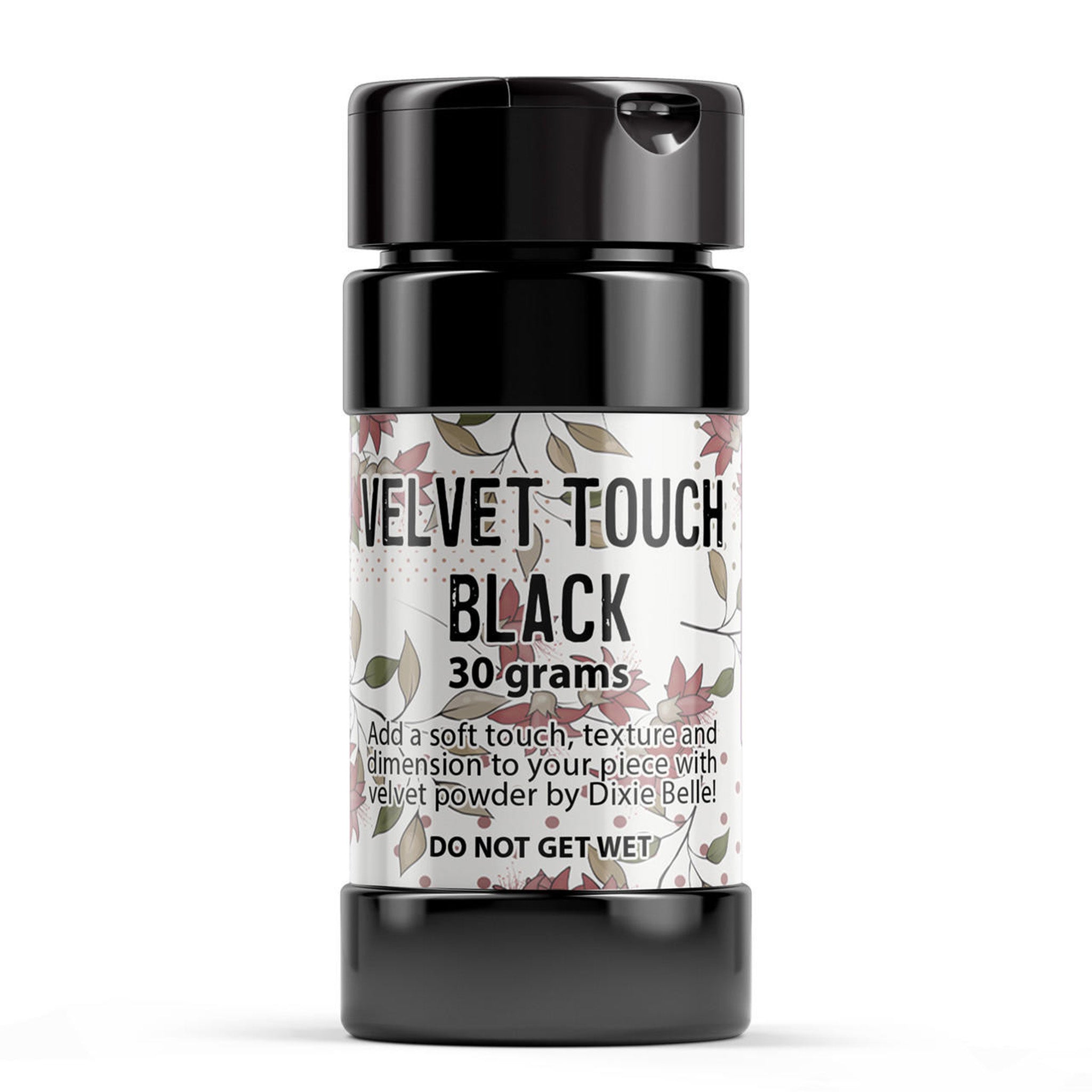 A 30 gram container of Belles & Whistles Velvet Touch Black is against a white background.