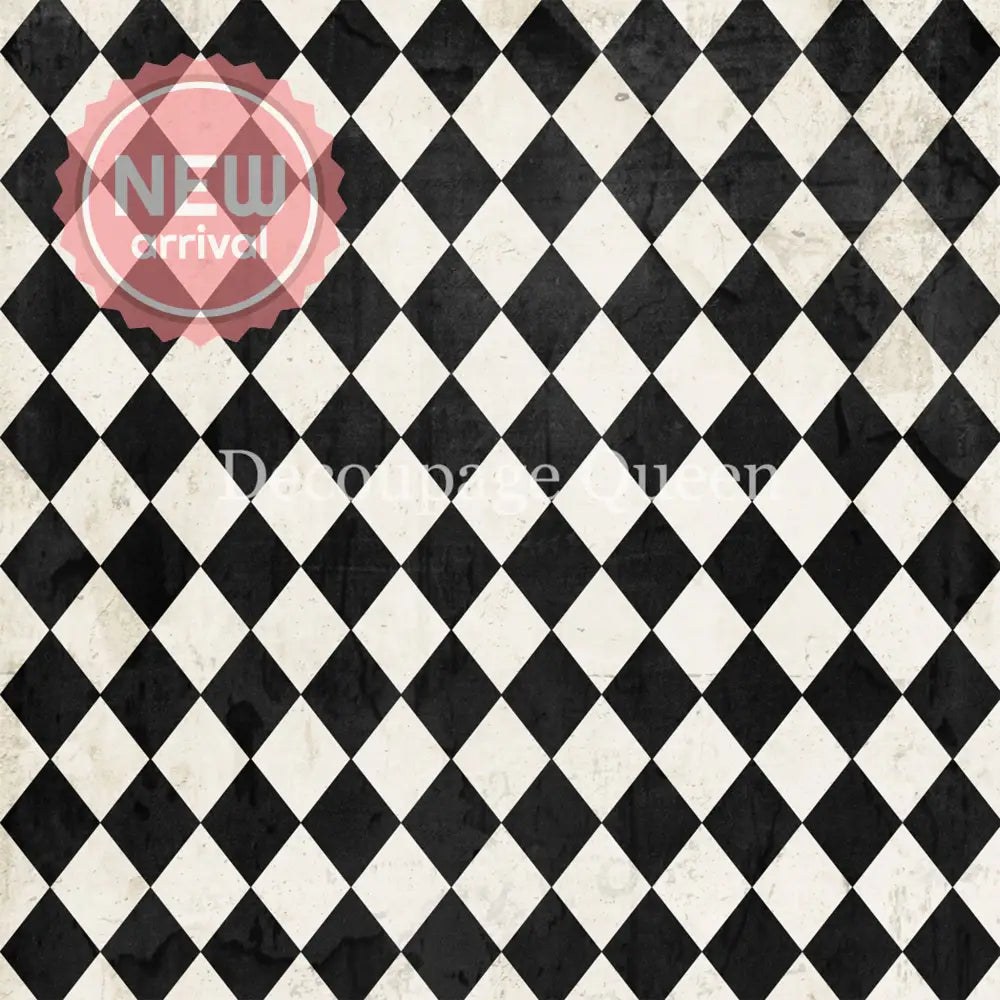 Close-up of a rice paper that features a classic black and white harlequin diamond pattern.