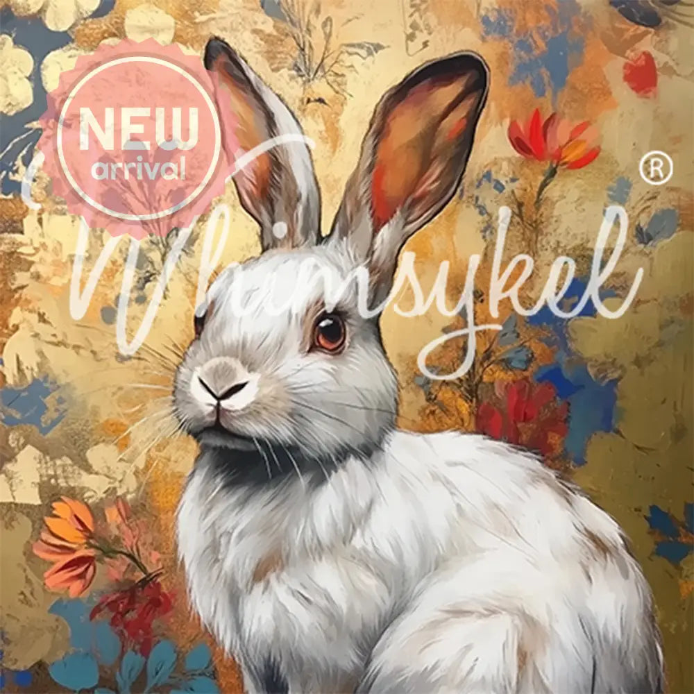 Close-up of a tissue paper featuring a white rabbit set against a floral brocade background in gold and blue hues. 