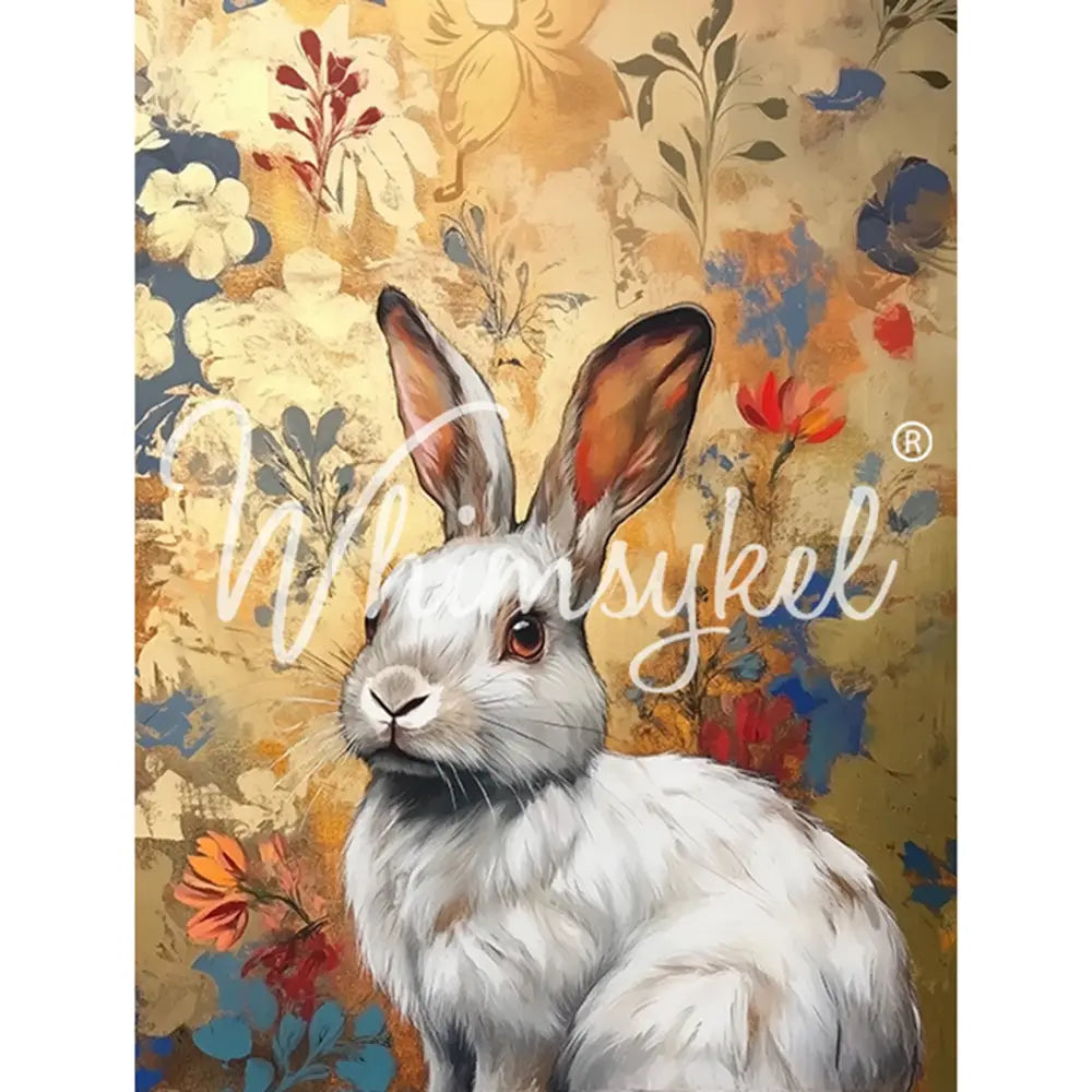 Tissue paper featuring a white rabbit set against a floral brocade background in gold and blue hues. White borders are on the sides.