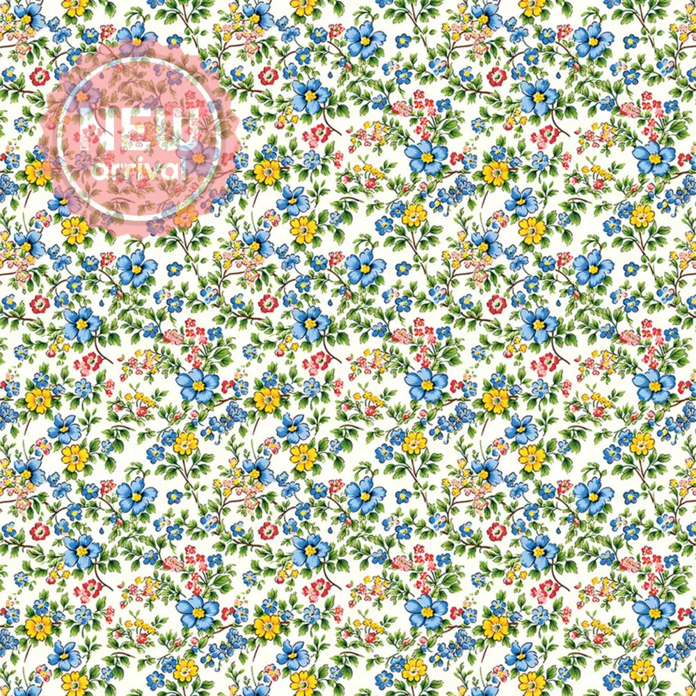 Close-up of a rice paper featuring a charming dainty floral print in blue, yellow, and pink.