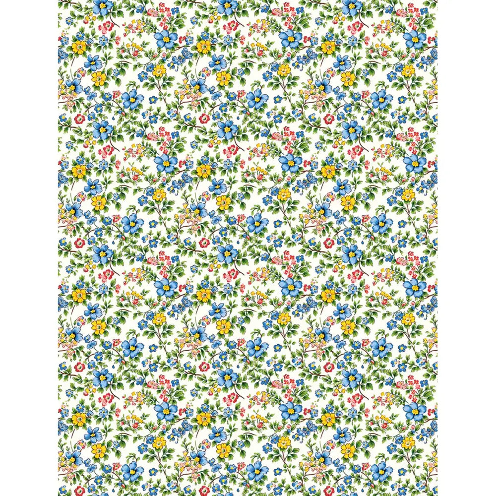 Rice paper design that features a charming dainty floral print in blue, yellow, and pink. White borders are on the sides.