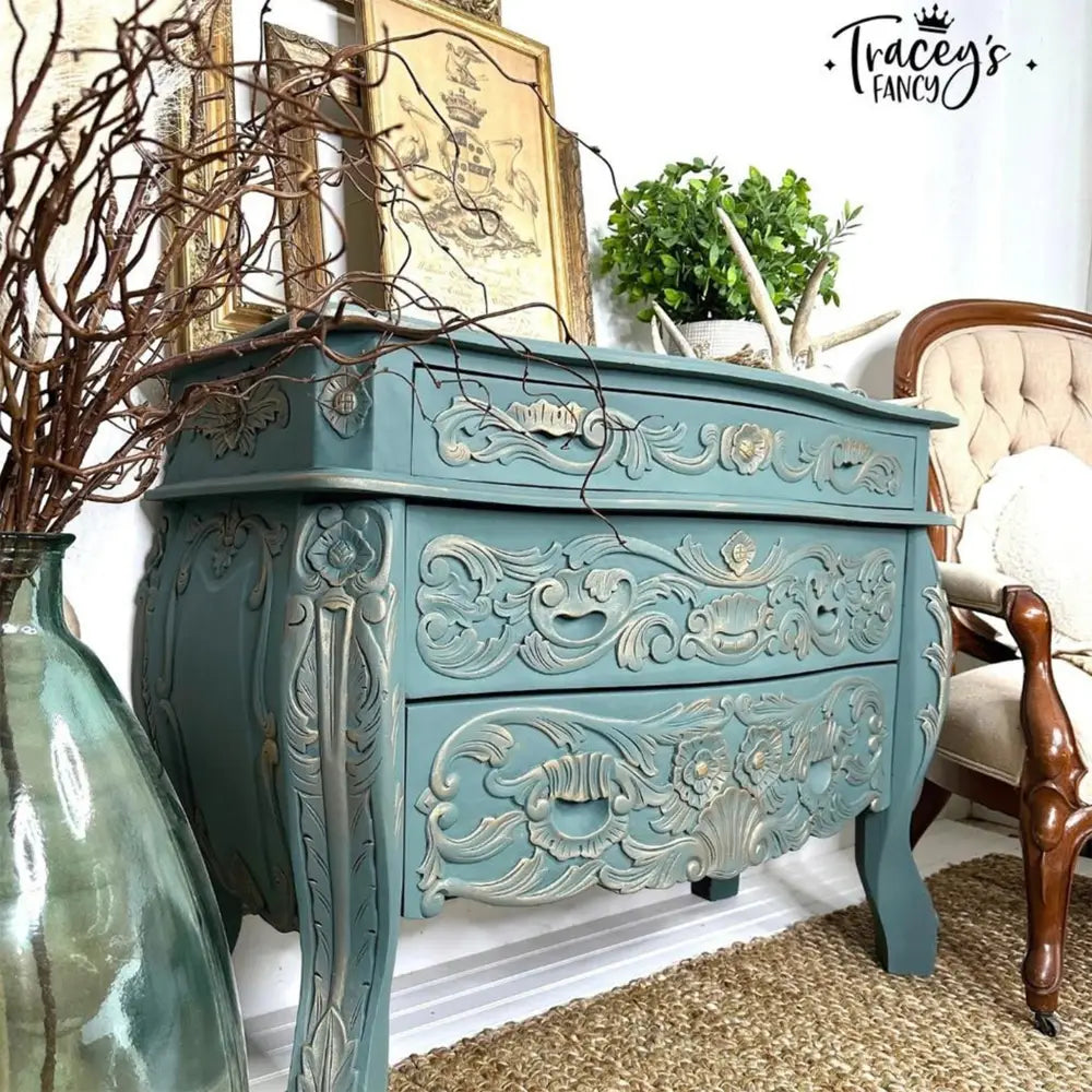 A vintage 3-drawer Bombay style dresser refurbished by Tracey's Fancy is painted in Dixie Belle's Blue Grass Chalk Mineral Paint.