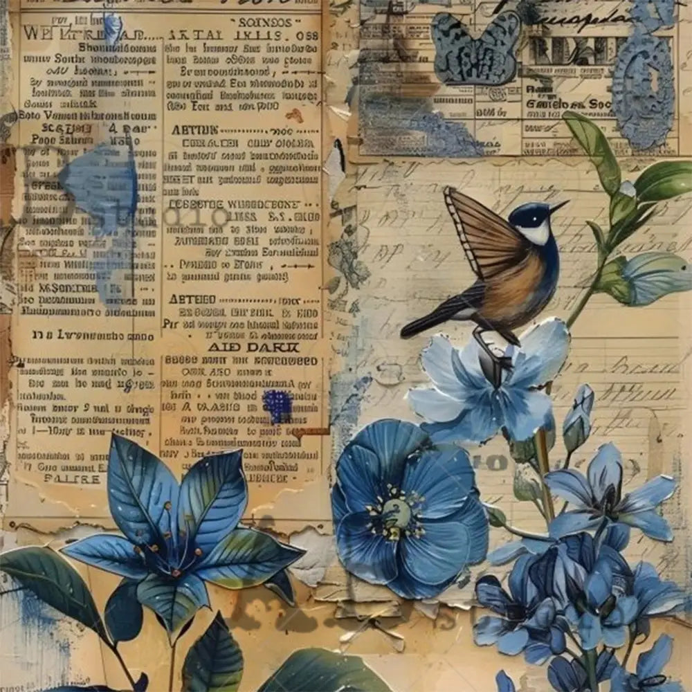 Close-up of a rice paper design that features a scene of blue flowers, butterflies, and a bird with butterfly wings against vintage notes and newspaper.