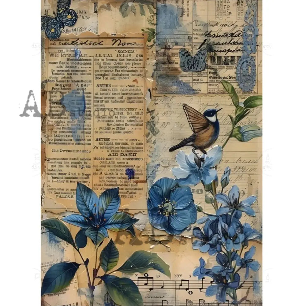 Rice paper design that features a scene of blue flowers, butterflies, and a bird with butterfly wings against vintage notes and newspaper. White borders are on the sides.