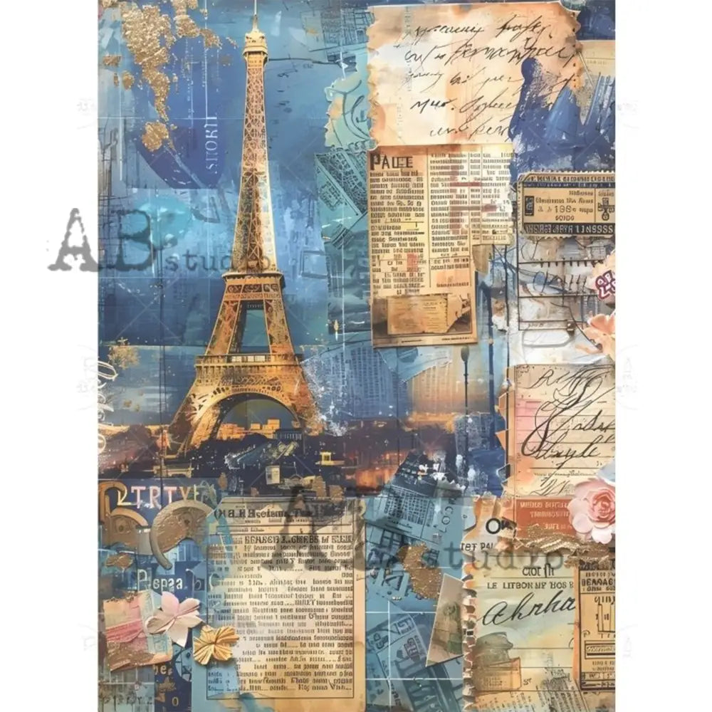 Rice paper design that features a collage of French manuscripts, the Eiffel Tower, and floral details. White borders are on the sides.