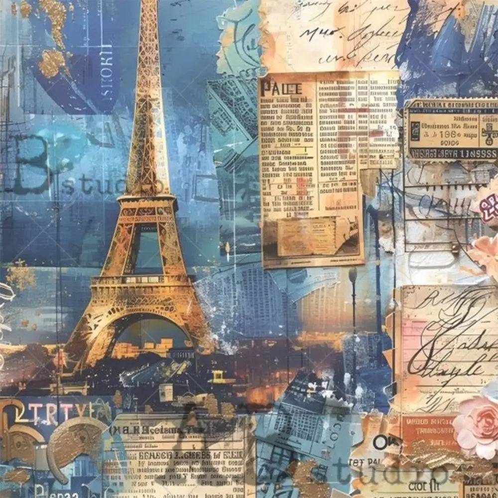 Close-up of a rice paper design that features a collage of French manuscripts, the Eiffel Tower, and floral details.