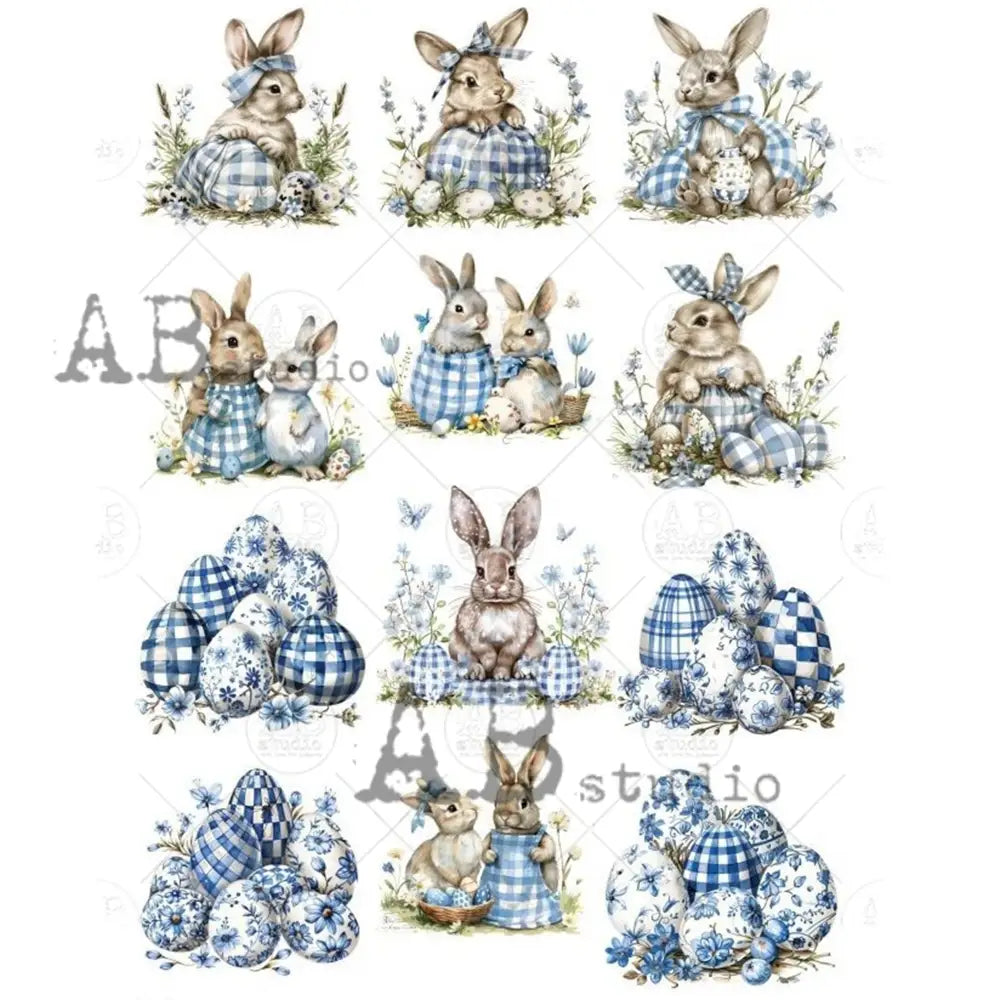 Rice paper against a white background features 12 scenes of bunnies and eggs decorated in trendy blue plaid and charming blue flowers.