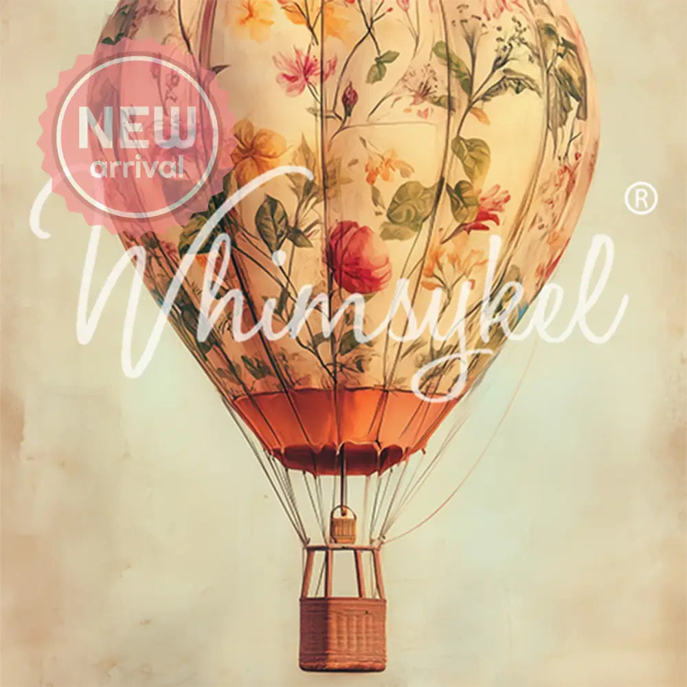 Close-up of a tissue paper featuring a vintage floral hot air balloon against a soft beige background. 