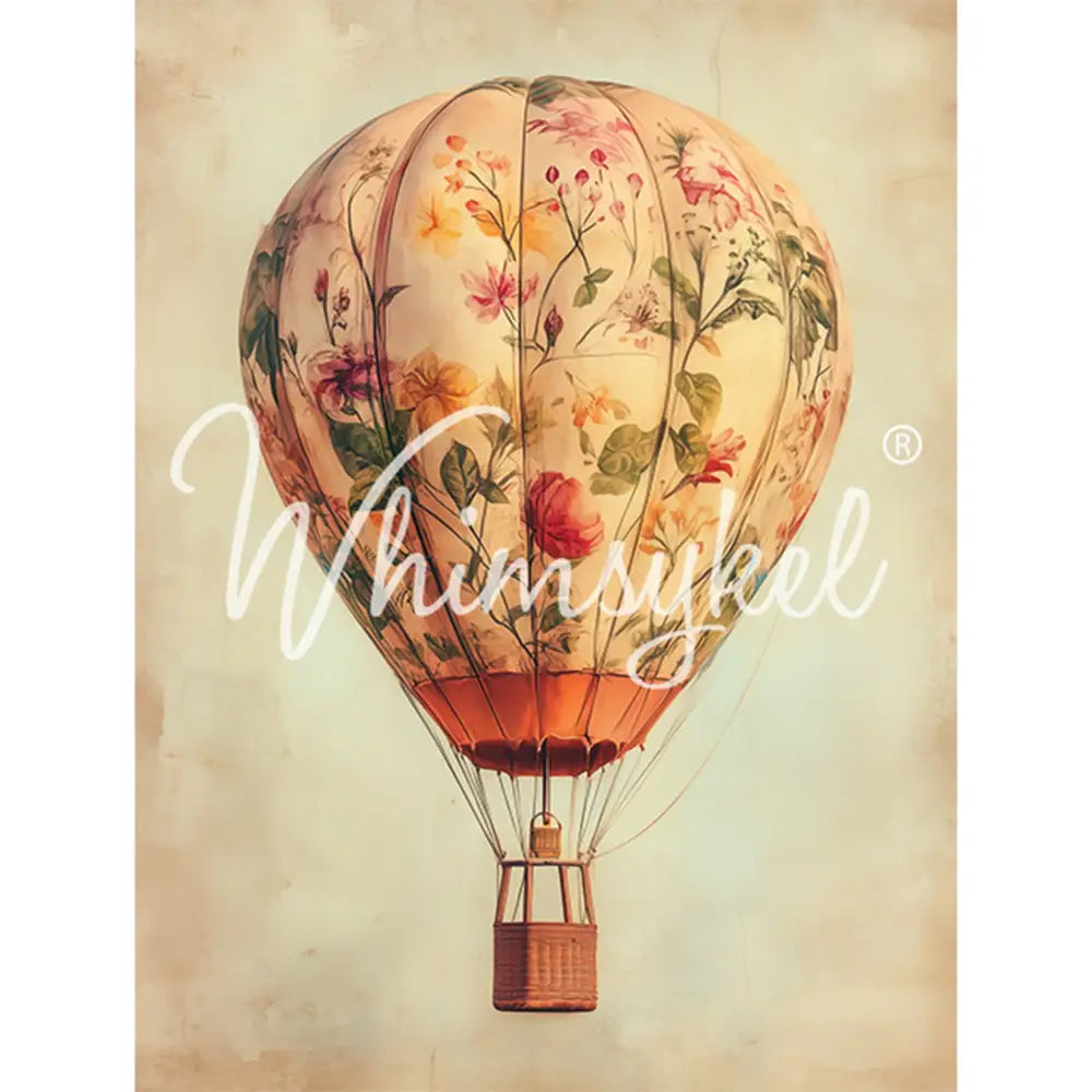 Tissue paper featuring a vintage floral hot air balloon against a soft beige background.  White borders are on the sides.