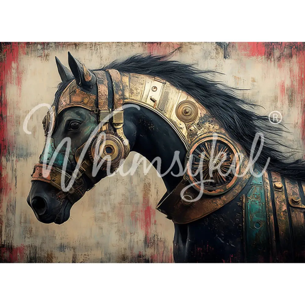 Tissue paper featuring a stunning black horse adorned with a brass bridle and armor. White borders are on the top and bottom.