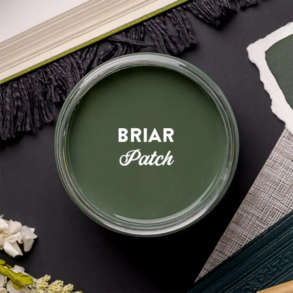 An arial view of an open container of Dixie Belle Paint Company's Briar Patch Chalk Mineral Paint is shown with white text reading Briar Patch.