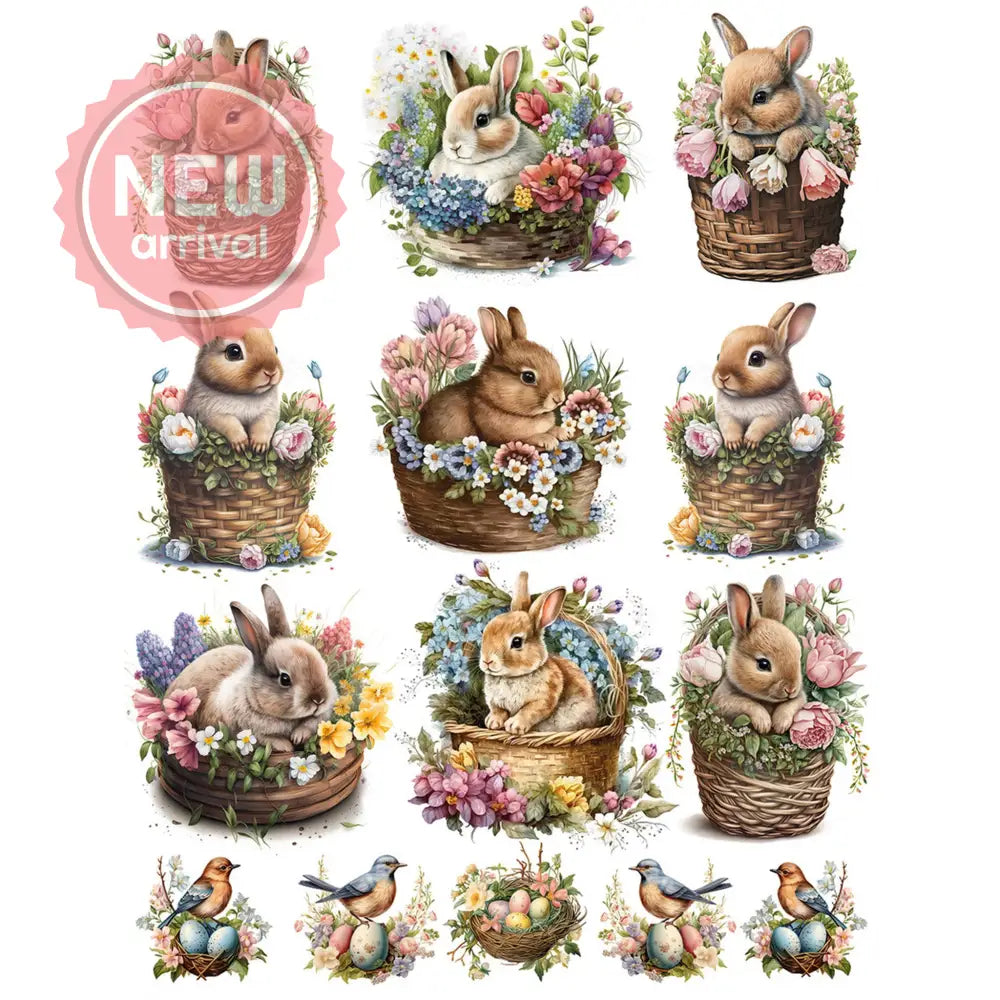 Rice paper design featuring 9 adorable bunnies in baskets and 5 nests with birds and eggs are against a white background.