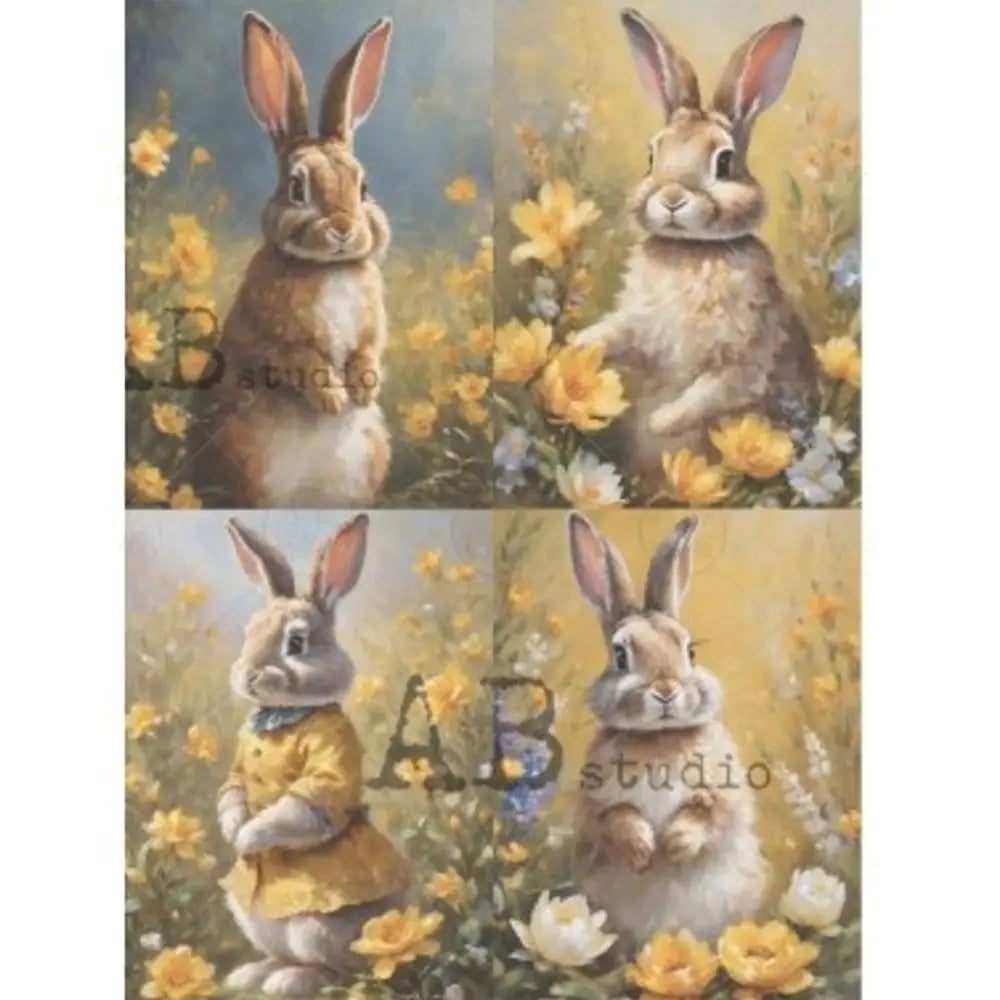 Four rice papers against a white background feature scenes of brown bunnies in fields of yellow and white flowers.