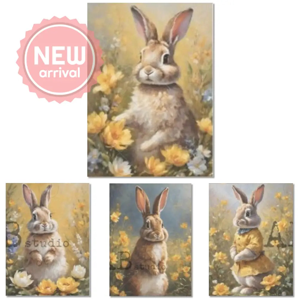 Four rice papers against a white background feature scenes of brown bunnies in fields of yellow and white flowers.