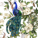 A3 plus rice paper design that features two stunning peacocks sitting atop large branches bursting with white magnolias.