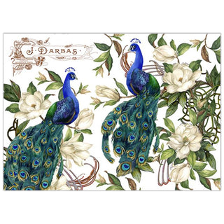 A3 plus rice paper design that features two stunning peacocks sitting atop large branches bursting with white magnolias.  White borders are on the top and bottom.