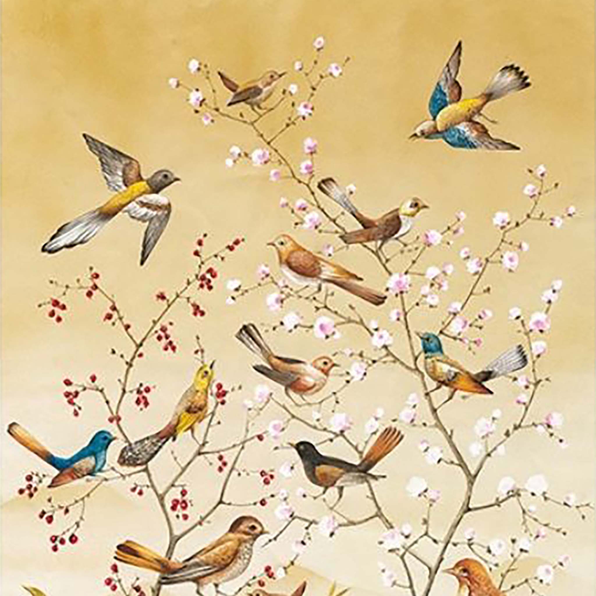 Close-up of an A3 rice paper design that features a luxurious golden background behind flowering branches, filled with beautiful birds.