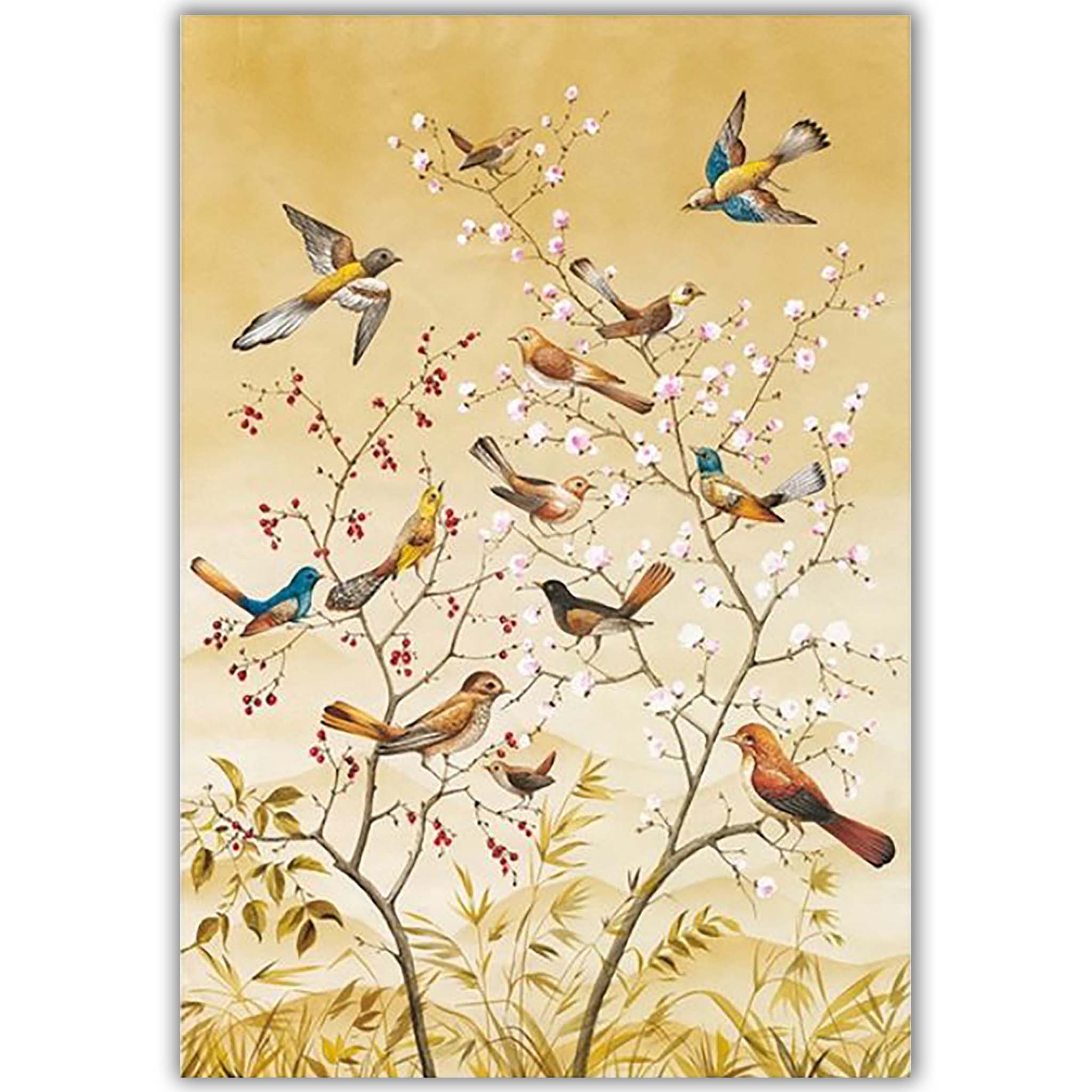 A3 rice paper design that features a luxurious golden background behind flowering branches, filled with beautiful birds. White borders are on the sides.
