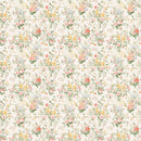 Close-up of a rice paper design that features a print of pale yellow, pink, and blue bouquets against a soft cream background.