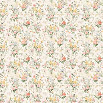 Close-up of a rice paper design that features a print of pale yellow, pink, and blue bouquets against a soft cream background.