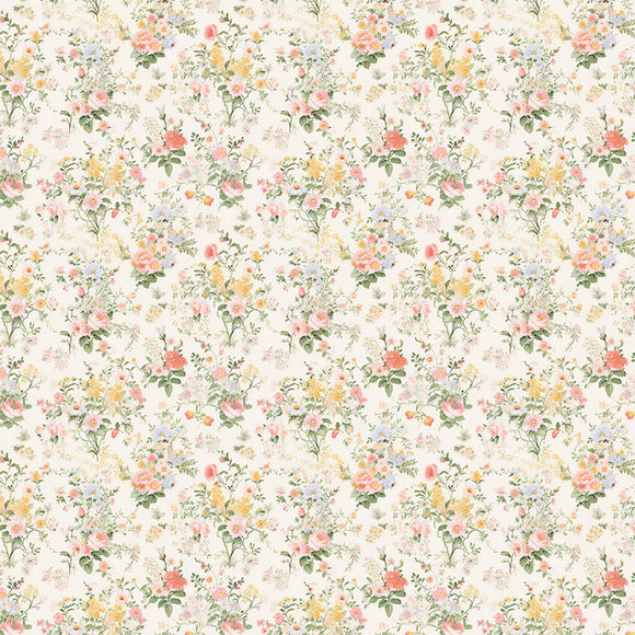 Close-up of a rice paper design that features a print of pale yellow, pink, and blue bouquets against a soft cream background.