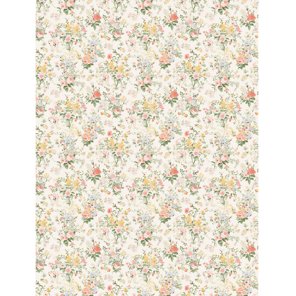 Rice paper design that features a print of pale yellow, pink, and blue bouquets against a soft cream background. White borders are on the sides.
