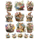 Rice paper design featuring 9 adorable bunnies in baskets and 5 nests with birds and eggs are against a white background.