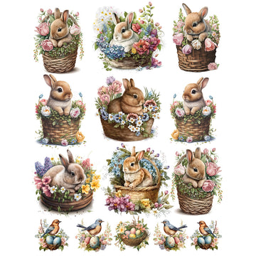 Rice paper design featuring 9 adorable bunnies in baskets and 5 nests with birds and eggs are against a white background.