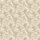 Close-up of a rice paper that features a beautiful dainty vintage wallpaper print with pink and blue flowers against a cream background.