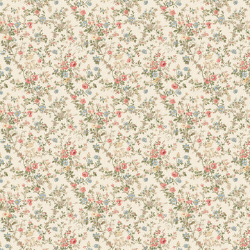Close-up of a rice paper that features a beautiful dainty vintage wallpaper print with pink and blue flowers against a cream background.