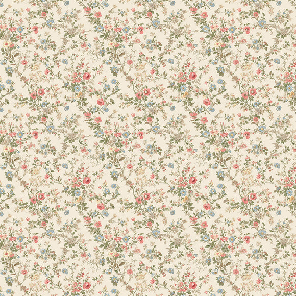 Close-up of a rice paper that features a beautiful dainty vintage wallpaper print with pink and blue flowers against a cream background.