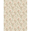 Rice paper that features a beautiful dainty vintage wallpaper print with pink and blue flowers against a cream background. White borders are on the sides.
