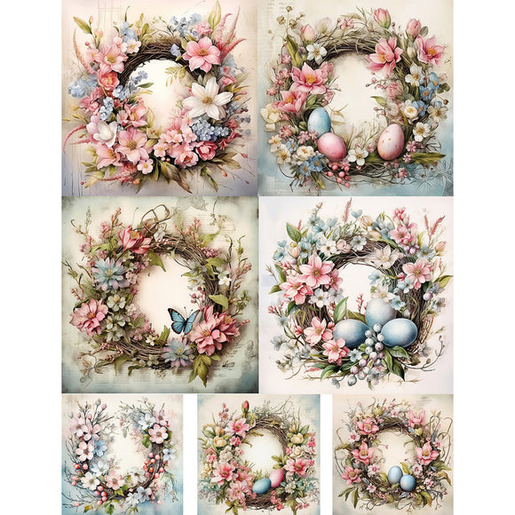 Rice paper design featuring 7 charming pink and blue floral wreaths with Easter eggs and butterflies. White borders are on the sides.