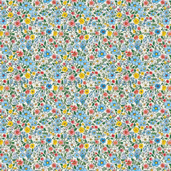 Close-up of a rice paper featuring a beautiful floral print in shades of blue, red, and yellow. 