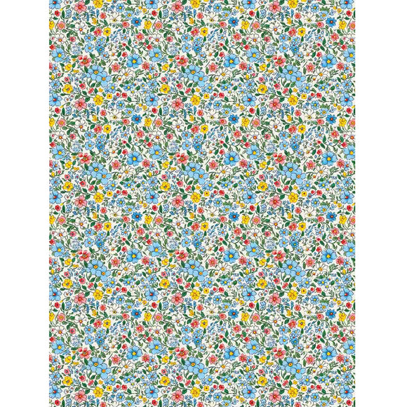 Rice paper featuring a beautiful floral print in shades of blue, red, and yellow White borders are on the sides.