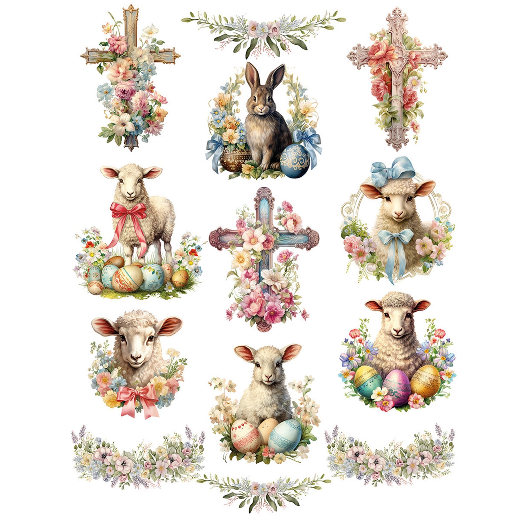 Rice paper designs against a white background feature images of Easter lambs, rabbits, and ornate crosses surrounded by flowers.