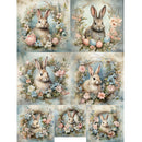 Rice paper design that features 7 images of bunnies in floral wreaths with easter egg. White borders are on the sides.