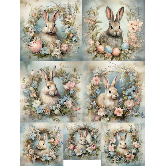 Rice paper design that features 7 images of bunnies in floral wreaths with easter egg. White borders are on the sides.