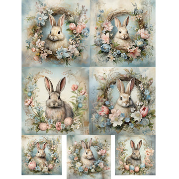 Rice paper design that features 7 adorable images of bunnies surrounded by beautiful floral wreaths. White borders are on the sides.