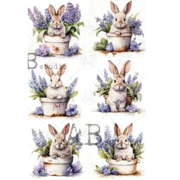 Carte Italiano - Shabby Chic Bunny Pots Decoupage Paper (A4 Size) Decoupage Paper